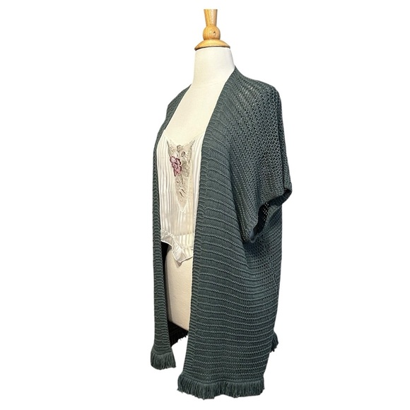 MARGARET O’LEARY Green Crocheted Open Fringe Cardigan Loose Knit Boho Size Small - Picture 5 of 11